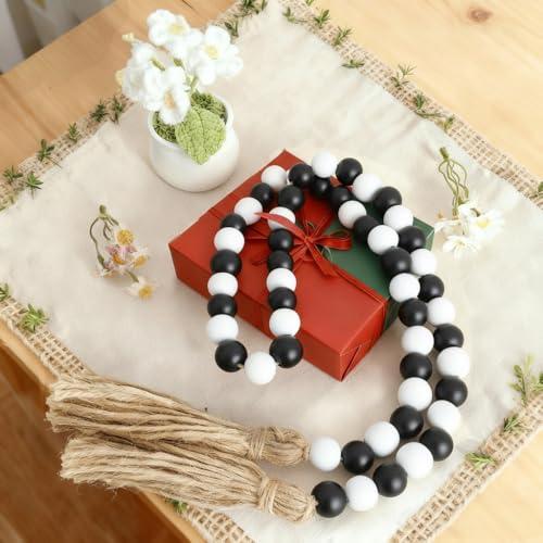 Halloween Wooden Bead Garland - Black & White Rustic Xmas Decor, 39 Inch