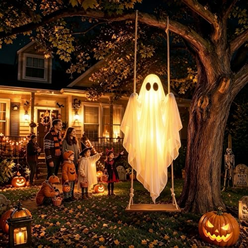 Outdoor Hanging Ghost Swing Decoration 4-8FT with Remote Light - White, Cool White Variation