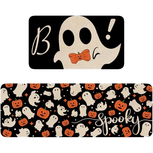 Halloween Ghost Kitchen Rugs Set of 2 - Spooky Floor Mat & Runner, Ghost Boo Variation