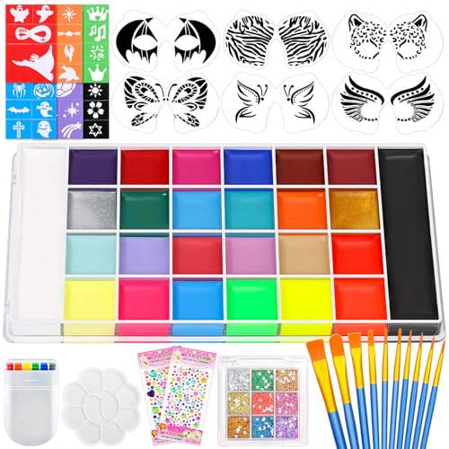 Kids Face Paint Kit with 26 Colors, Stencils, Glitter & Gems for Parties