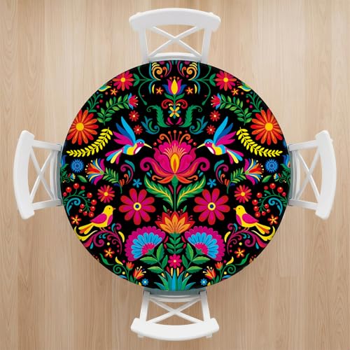 Hiboss Mexican Folk Art Round Tablecloth with Floral Pattern - Flowers - 02
