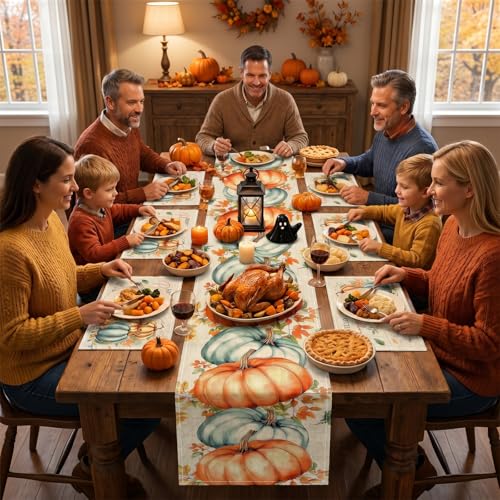 Fall Pumpkin Table Runner 13x72 Inches with 4 Placemats - Autumn Decor