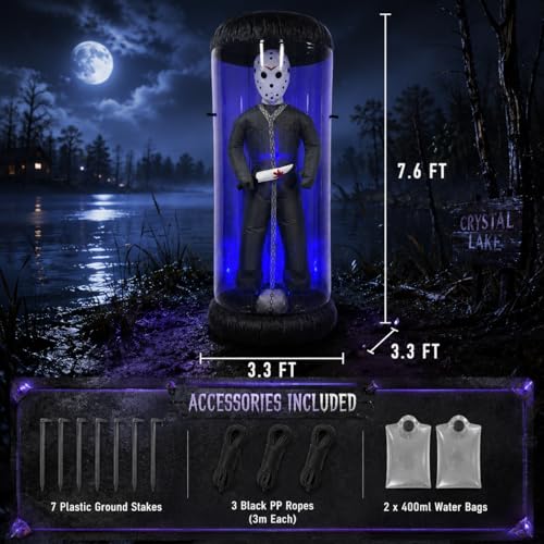 7.6FT Halloween Inflatable Outdoor Decoration with Blue LED Lights - Caged Masked Killer Yard Decor - Variation: Blue