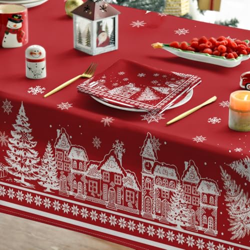 Christmas Tablecloth 60 x 104 Inch Rectangular Red Snow House Holiday Decor