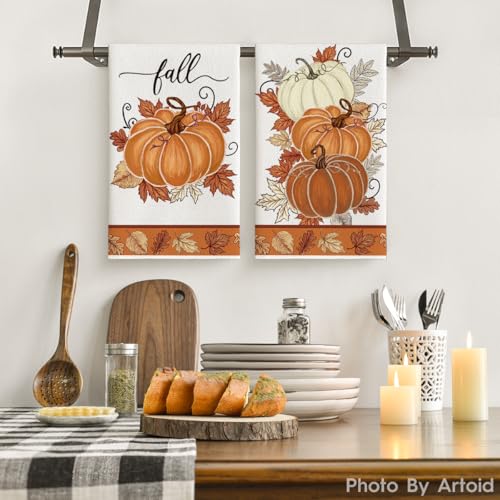 Orange Leaves Pumpkin Fall Kitchen Towels Set of 2 - 18x26 Inches