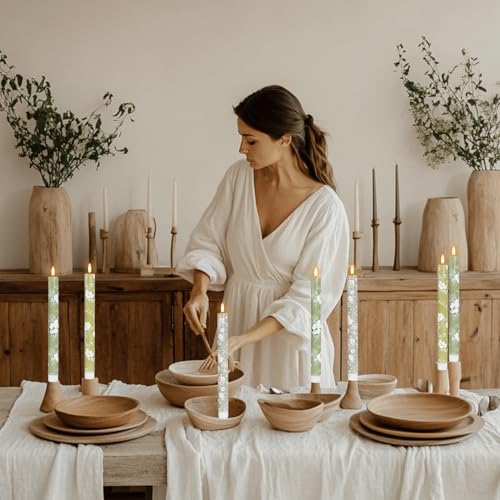 Green Flameless Taper Candles with Remote Timer 10 Inch - 6 Pack with Variation 10.5FT Floral Green