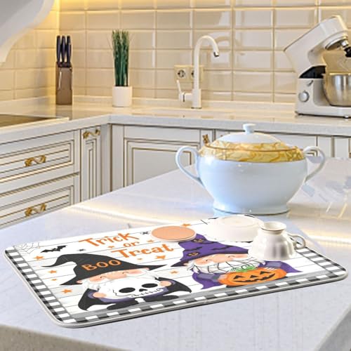 Halloween Gnome Dish Drying Mat - 16x18 Inch Microfiber Kitchen Counter Pad - Festive Pumpkin Skull Design