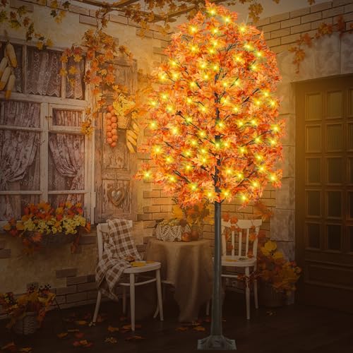 8ft Prelit Fall Maple Tree with 210 LEDs, Dimmable 8 Flash Modes, Autumn Decor