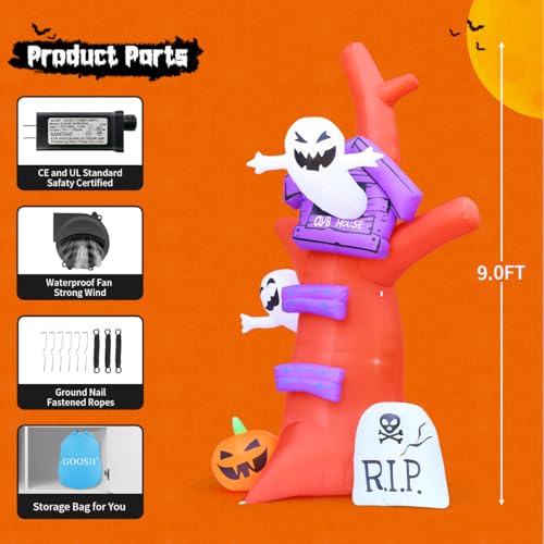 9 FT Halloween Inflatable Tree with Pumpkins, Ghosts, Tombstone & LED Lights Outdoor Decor
