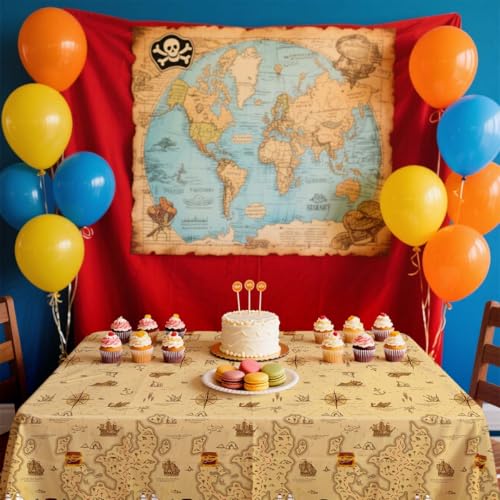 Pirate Tablecloth Set - Waterproof Treasure Map Party Decor for Kids