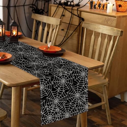 Halloween Spider Web Table Runner 13 x 120 Inch Black Linen Seasonal Home Decor