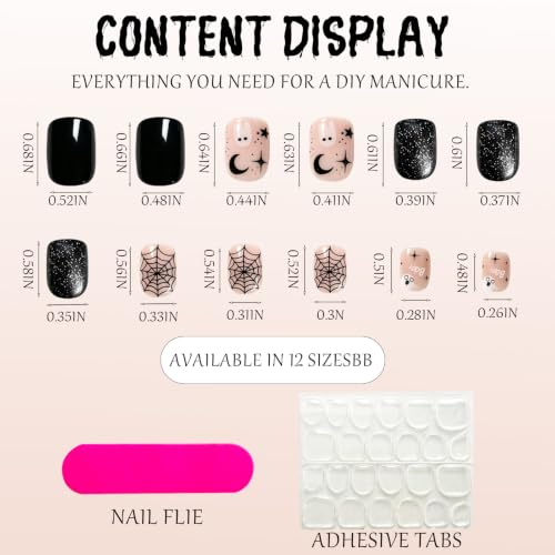Halloween Short Square Press On Nails Set - Cute Black Fake Nails with Ghosts & Spider Webs, 24Pcs