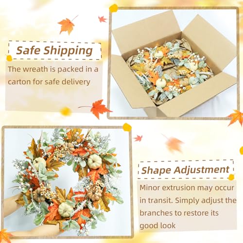 Yellow 24-Inch Pre-Lit Harvest Fall Wreath for Front Door - Thanksgiving Decor