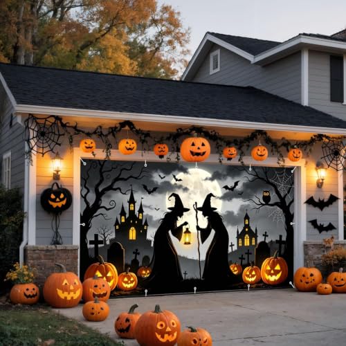 Halloween Witch Garage Door Cover Banner 18x7ft - Black Spooky Graveyard Scene