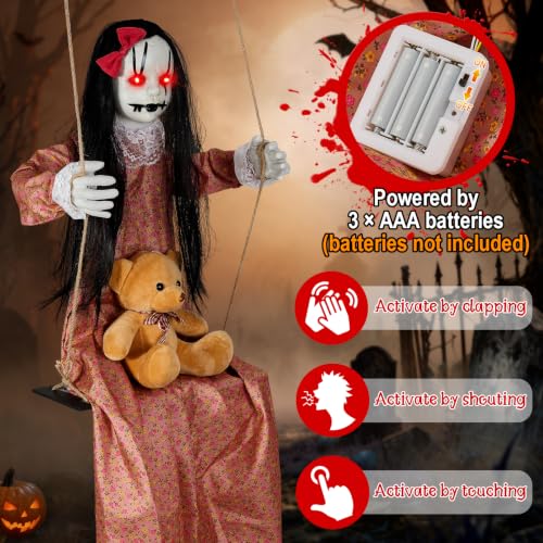 Halloween Hanging Decorations Outdoor - 4.6 FT Orange Swing Girl Doll with Lights & Sounds