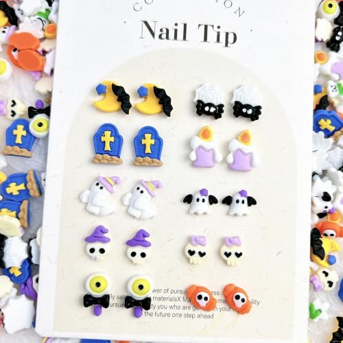 Halloween 3D Ghost Nail Charms Set with Pumpkin Skull Cats Bats Rhinestones - Cat Bats Variation