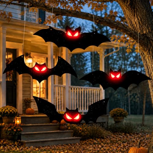 Lighted Halloween Bats Decor - 4PCS Outdoor Indoor Hanging Bat Set - Red Variation