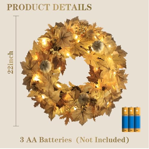 Beige Fall Wreath with Lights - 22-inch Autumn Door Decor with Pumpkins, Berries & Pine Cones