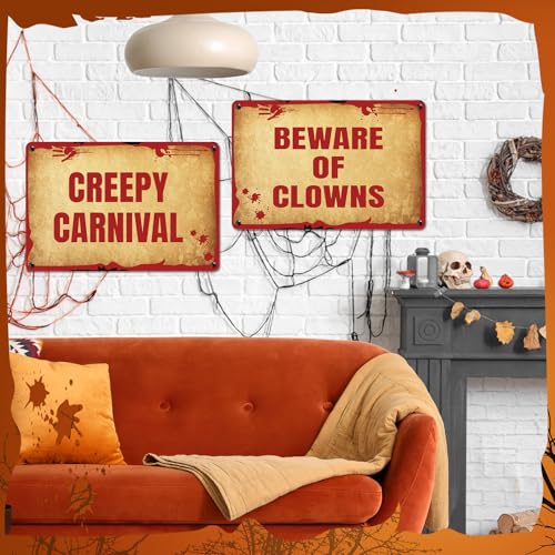 Halloween Clown Metal Warning Signs - Creepy Carnival Porch Decor Set