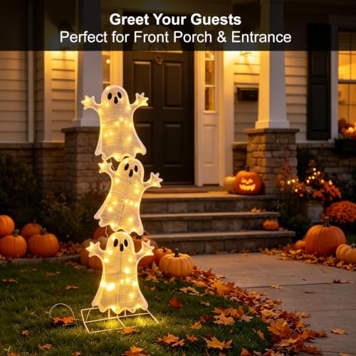 Halloween Decorations Lighted 3 Stacked Ghosts - Battery Operated LED Ghost Yard Sign with Timer, Indoor Outdoor Holiday Decor