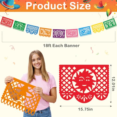 Multicolor Mexican Party Banner Set - 18 Pack, 324FT, 3 Styles for Cinco De Mayo & Day of the Dead