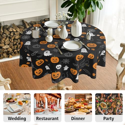 Halloween Round Tablecloth 60 Inch - Fall Pumpkin Ghost Spiderweb Design - Black & Orange