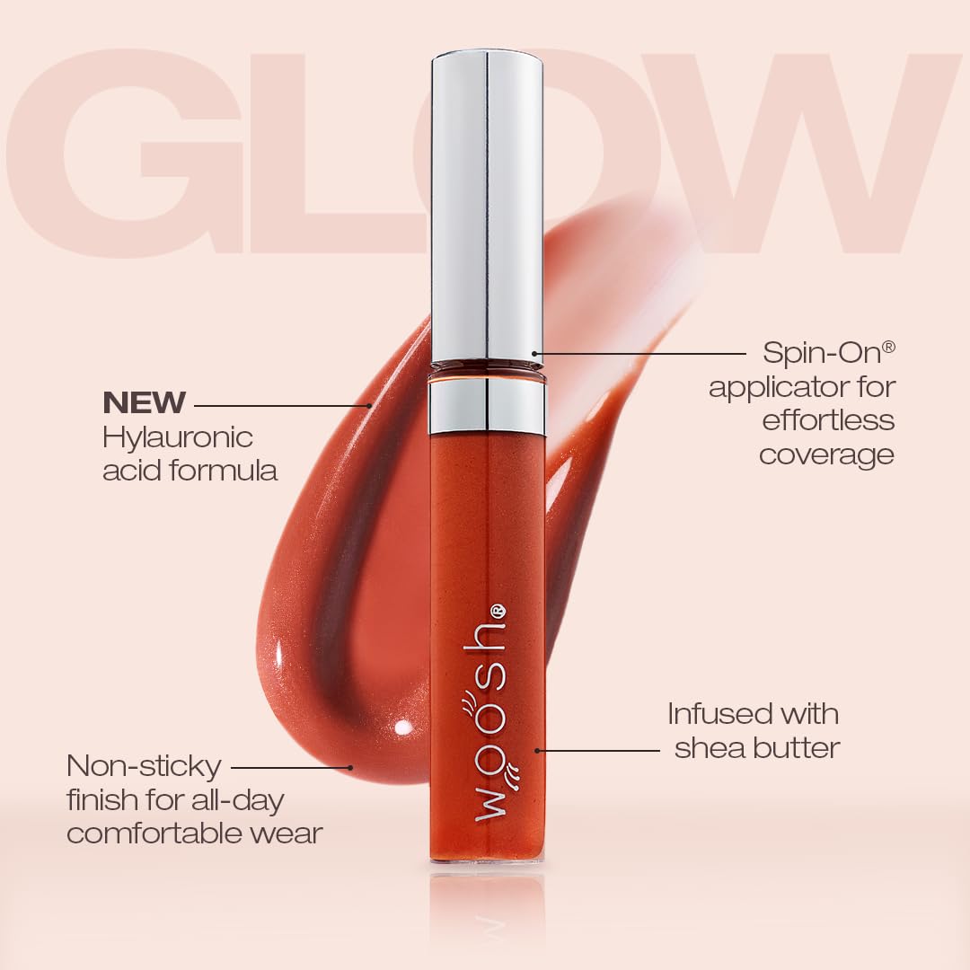 Woosh Beauty Spin-On Lip Gloss - Hydrating Hyaluronic Acid & Shea Butter, Vegan & Cruelty-Free, Glow Finish