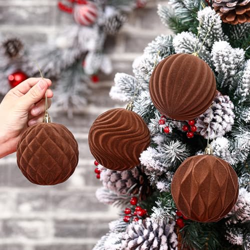 Blueweenly 4-Inch Brown Velvet Christmas Ball Ornaments - Pack of 4