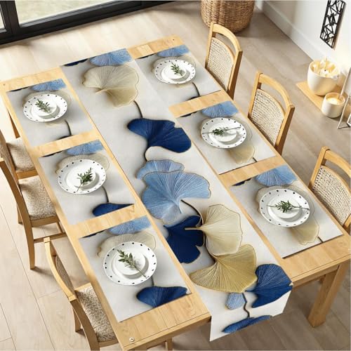 Ginkgo Leaf Table Runner & Placemats Set - 1 Runner + 6 Placemats - Modern Minimalist Gold Accents - Variation 98