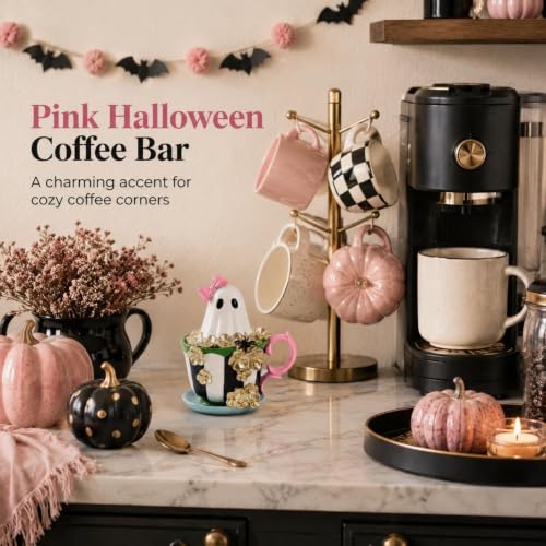 Black Ghost Figurine in Coffee Cup Halloween Decor - 5.5 Inch Resin Spooky-Cute