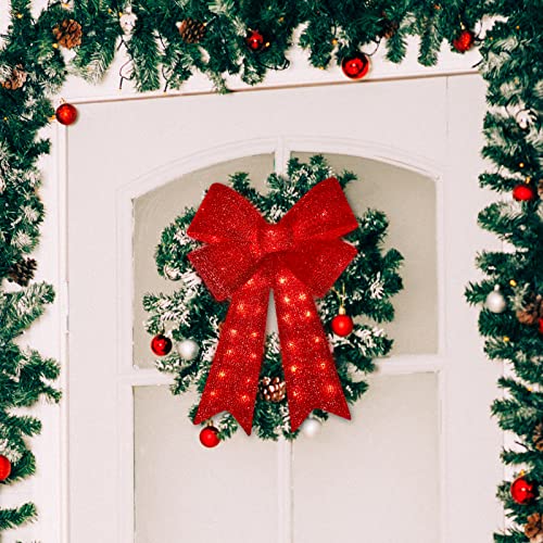 24 Inch 40LED Glitter Red Christmas Wreath Bow with Lights - Indoor Outdoor Holiday Decor