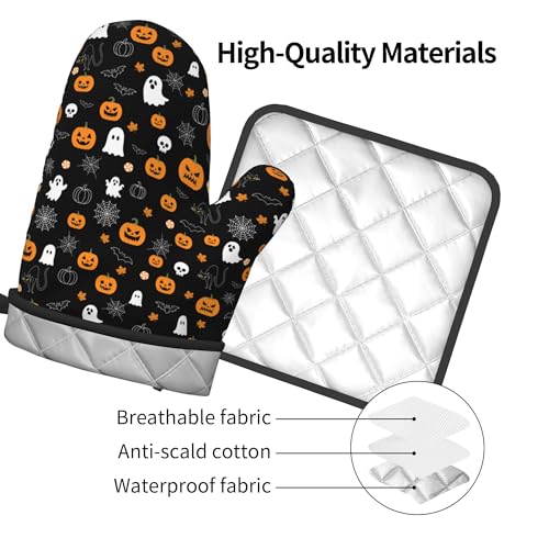 Halloween Oven Mitts & Pot Holders Set - Black Ghost Pumpkin Variation