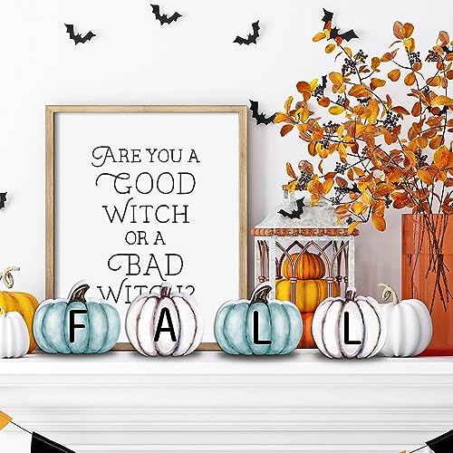 Fall Pumpkin Wooden Sign Set - Blue & White Harvest Decor for Thanksgiving & Autumn Home