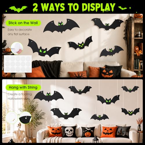 Halloween Bat Decorations Set with Glowing Eyes - 18 Pcs, Indoor Outdoor