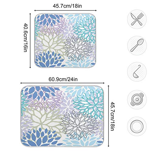 ALAZA 16 x 18 Inch Blue Grey Purple White Dahlia Dish Drying Mat Microfiber Kitchen Counter Protector