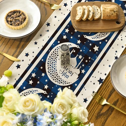 Blue Black Plaid Moon & Stars Ramadan Table Runner 13x72 Inch Seasonal Kitchen Decor