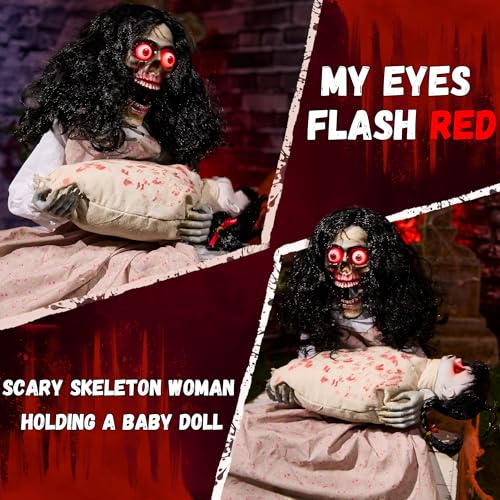 Animatronics Sitting Skeleton & Doll Halloween Decor - Sound & Light Up Eyes