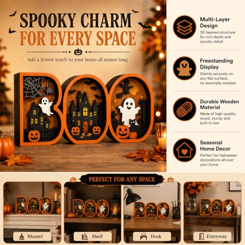 Halloween BOO Sign - 3D Wooden Spooky Decor for Tabletop & Shelf - BOO Decor Variation