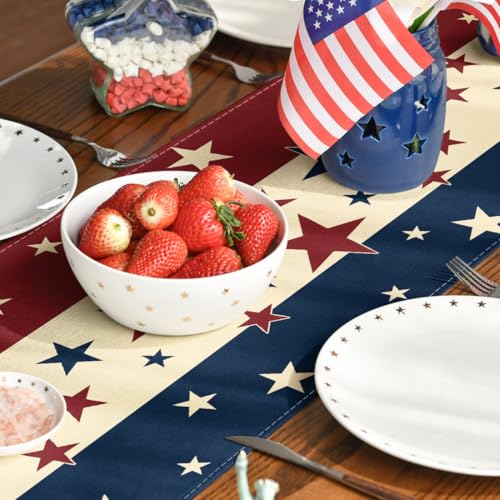 Stars & Stripes 4th of July Patriotic Table Runner 13 x 108 Inches - Red, Beige, Blue