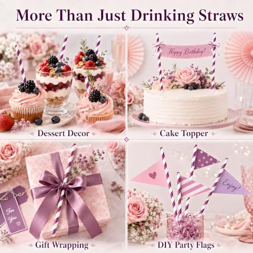 Purple Paper Drinking Straws for Parties and Events - 100 Pack
