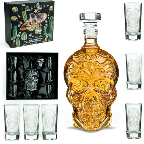 Skull Tequila Decanter Set with 6 Shot Glasses - Handmade Glass Barware Gift