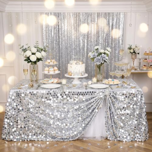 Silver Sequin Tablecloth - 50 x 102 Inches Rectangular Sparkle Fabric for Parties & Events
