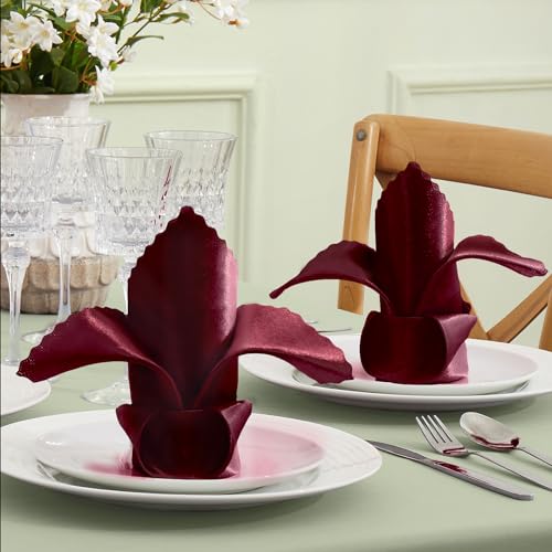 Set of 100 Burgundy Satin Scalloped Napkins 17x17 Inches for Wedding & Party