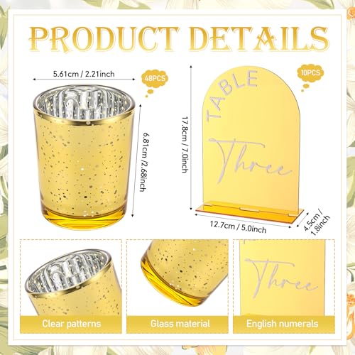 Gold Votive Candle Holders & Table Numbers Set for Wedding Decor - 48 Pieces