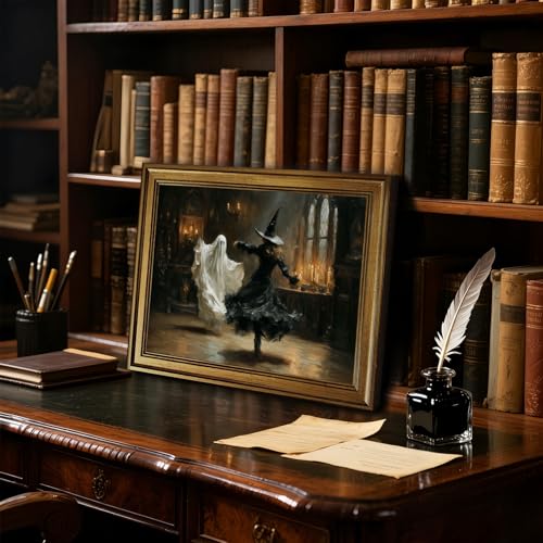 Vintage Halloween Wall Art Canvas Print Ghost and Witch with Gold Frame - 8x10 Inch Style-2