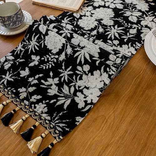 Botanical Floral Black Boho Table Runner - 13 x 71 Inches, Floral Black Variation