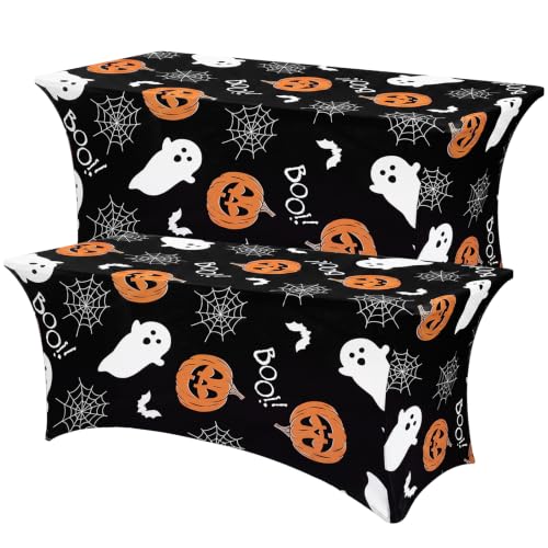 Halloween 2 Pack 6ft Rectangular Spandex Tablecloths with Pumpkin Ghost Print - Black, Orange, White