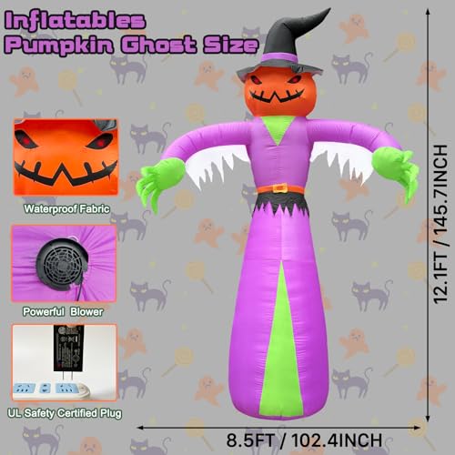 12FT Giant Halloween Inflatable Pumpkin Ghost with LED Lights - Outdoor Yard Decorations