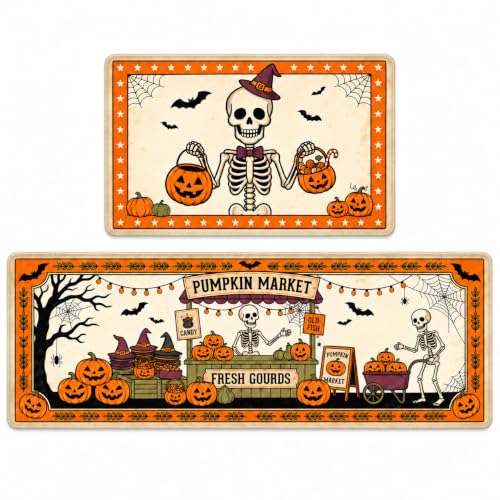 Halloween Skeleton Pumpkin Kitchen Mat Set of 2 - Non Slip Fall Rug with Autumn Decor - Skeleton Pumpkin Market Variation
