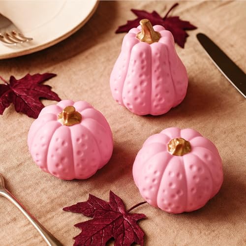 Pink Fall Pumpkin Decor Set - 3 Resin Halloween Autumn Figurines
